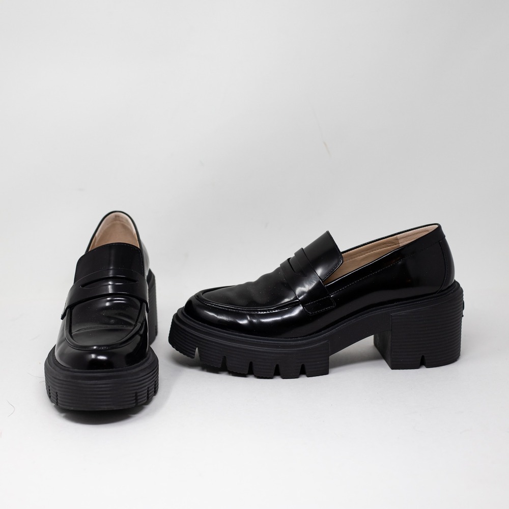 NEW Stuart Weitzman Soho Shiny Leather Lug Sole Block Heel Loafers Shoes Black